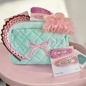 Hair Accessories Gift Set in Velvet Bow Cosmetic Case Pink Teal NWT